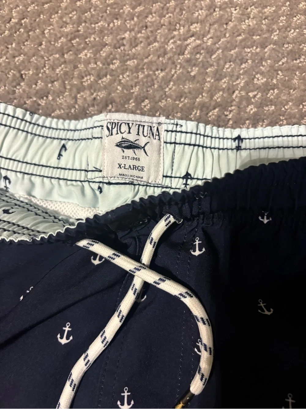 Men's Navy Anchor Swim Trunks with White Drawcord